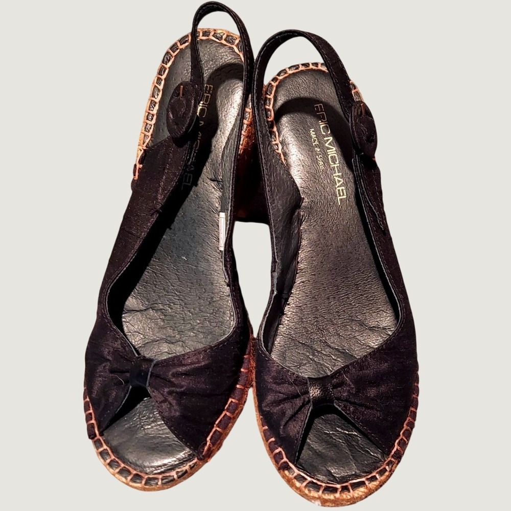 Eric Michael Euro Summer Black Fabric Toe Espadrille Boho Wedge Sandals Spain 36